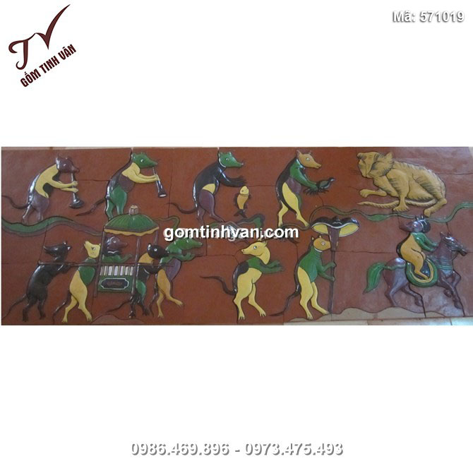 Tranh gốm ghép đắp nổi vẽ cảnh đám cưới chuột - 571019