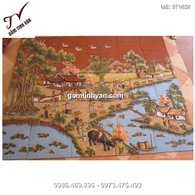 Tranh gốm ghép đắp nổi vẽ cảnh đi cấy - 571020