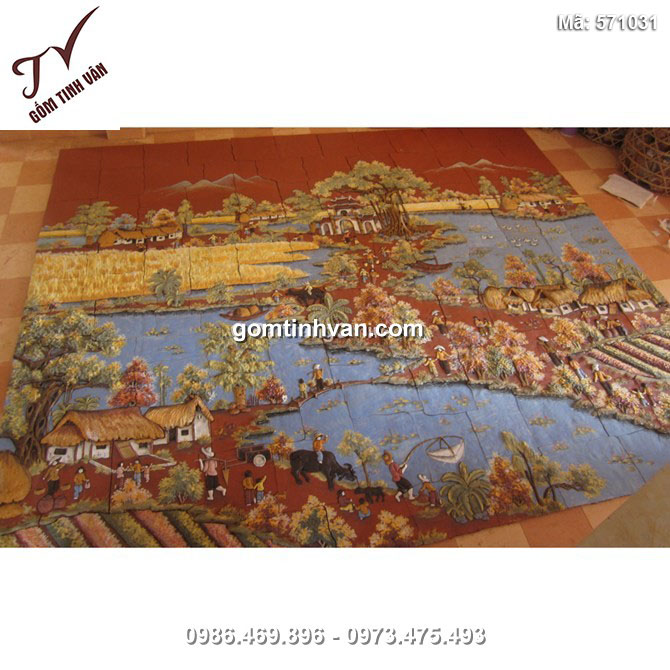 Tranh gốm ghép đắp nổi vẽ cảnh đồng quê - 571031