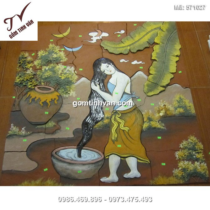 Tranh gốm ghép đắp nổi vẽ cảnh thiếu nữ gội đầu - 571027