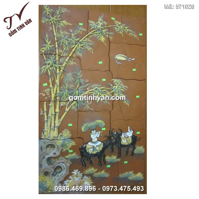 Tranh gốm ghép đắp nổi vẽ cảnh trâu trẻ mục đồng - 571028