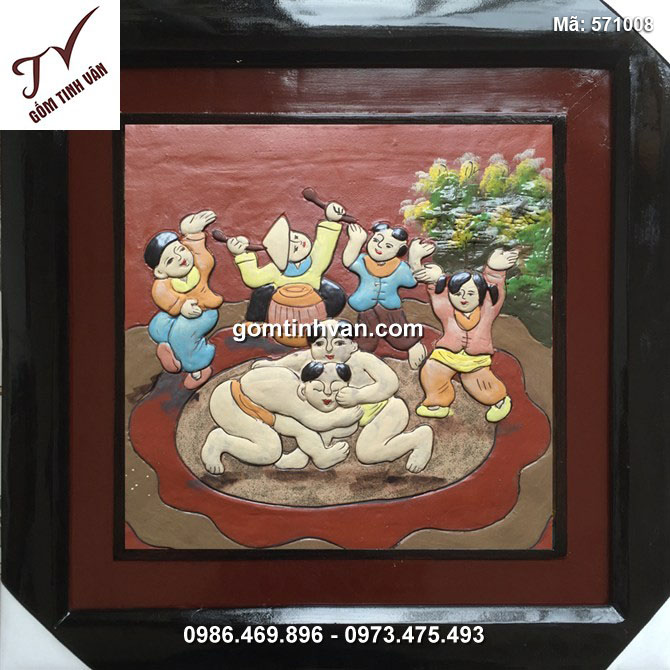 Tranh gốm vẽ lễ hội đấu vật - 50x50cm - 570008