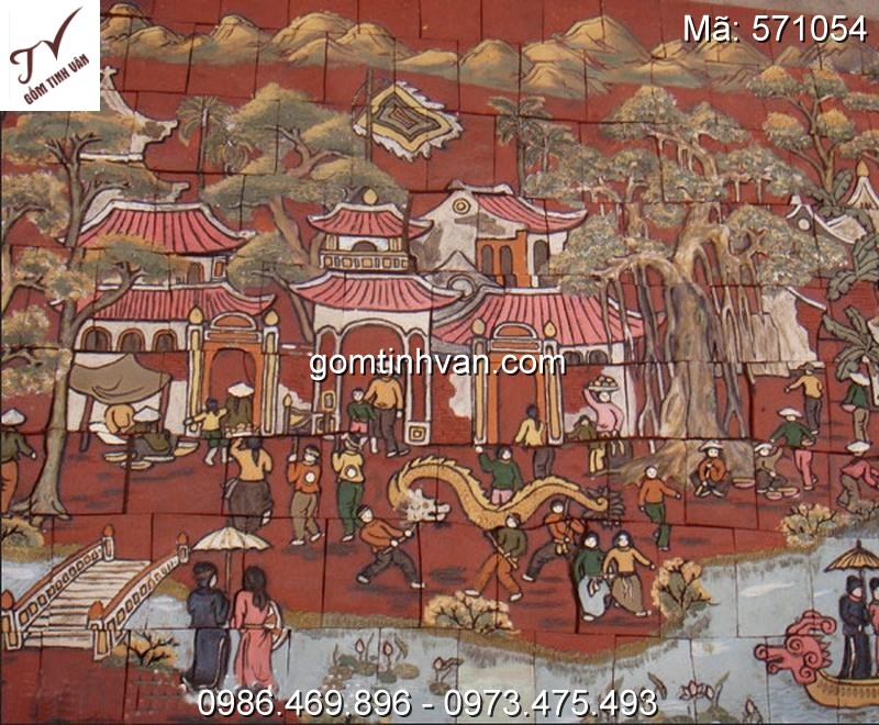 Tranh ghép đắp nổi vẽ cảnh làng quê gốm sứ bát tràng - 571054