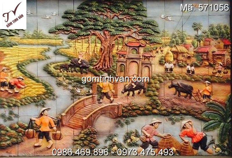 Tranh ghép đắp nổi vẽ cảnh làng quê gốm sứ bát tràng - 571056