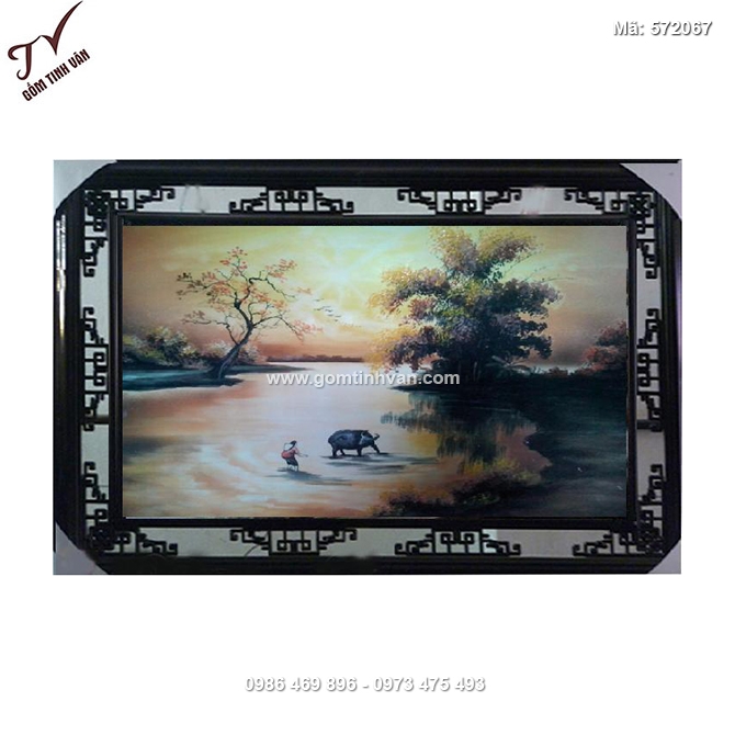 Tranh đồng quê chiều hoàng hôn và cậu bé tắm trâu 64cmx98cm - 572067