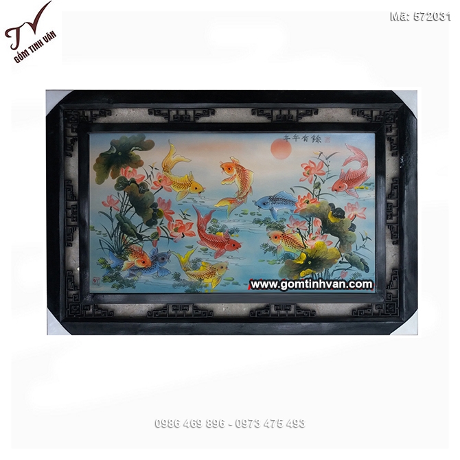 Tranh sứ cửu ngư quần hội 64cmx98cm - 572031