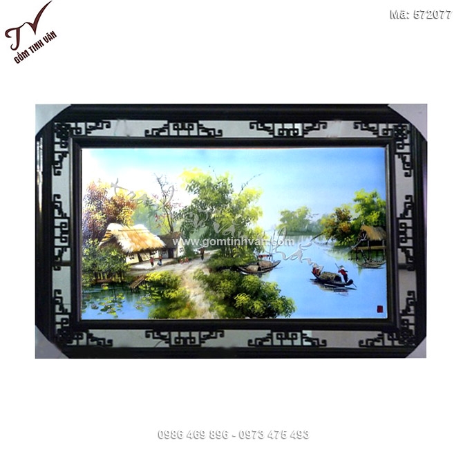 Tranh sứ đồng quê nhà ven sông 53cmx76cm - 572077