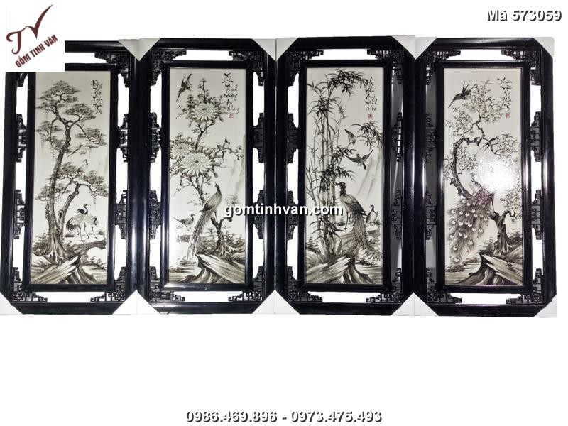 Tranh tứ quý tùng cúc trúc mai gốm sứ bát tràng cao 100cm rộng 50 cm - 573059