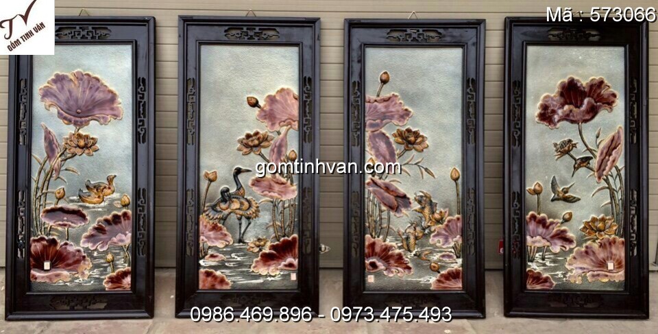 Tranh sen tím đắp nổi gốm sứ bát tràng cao 90cm rộng 44cm - 573066