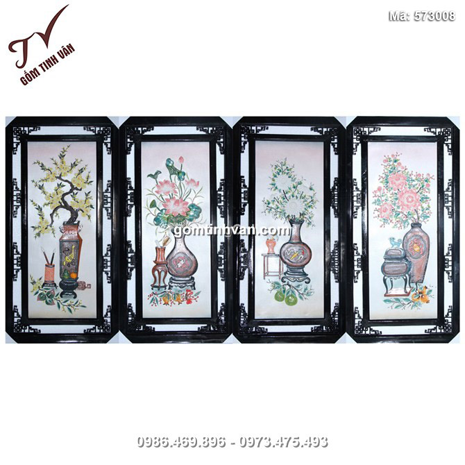 Bộ tranh tứ quý cổ đồ Mai - Sen - Cúc - Mẫu đơn, đắp nổi - 573008