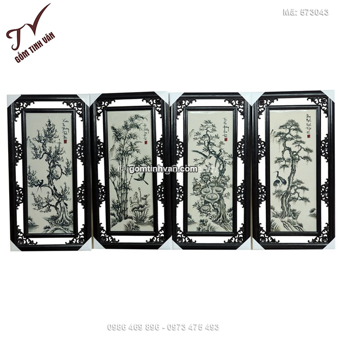 Tranh tứ quý tùng cúc trúc mai đắp nổi men đen trắng cao 50cm rộng 100cm - 573043