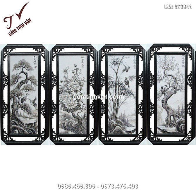 Tranh tứ quý Tùng - Cúc - Trúc - Mai đắp nổi màu đen - rộng 50cm - cao 85cm - 573011