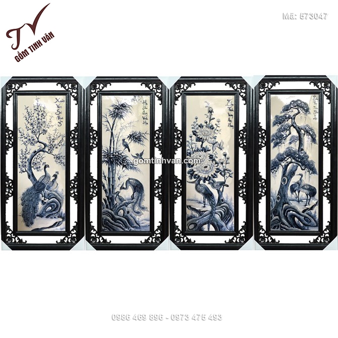 Tranh tứ quý tùng cúc trúc mai đắp nổi men tràm rộng 42cm cao 85cm - 573048