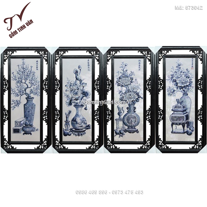 Tranh tứ quý tùng cúc trúc mai đắp nổi men tràm cao 50cm rộng 100cm - 573042