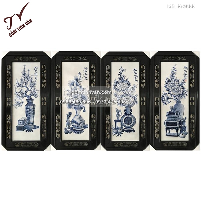Tranh tứ quý vẽ đồ cổ đắp nổi men tràm cao 100cm rộng 50cm - 573055