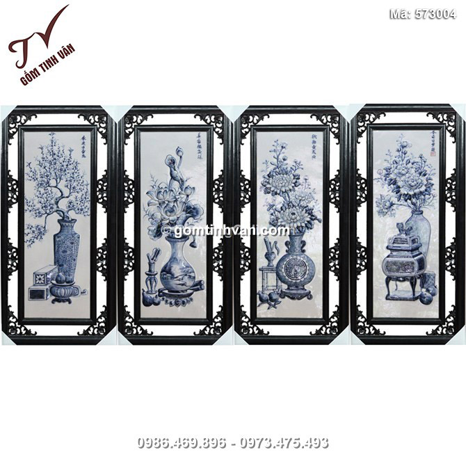 Tranh tứ quý vẽ cổ đồ - đắp nổi - men tràm - rộng 50cm - cao 100cm - 573004