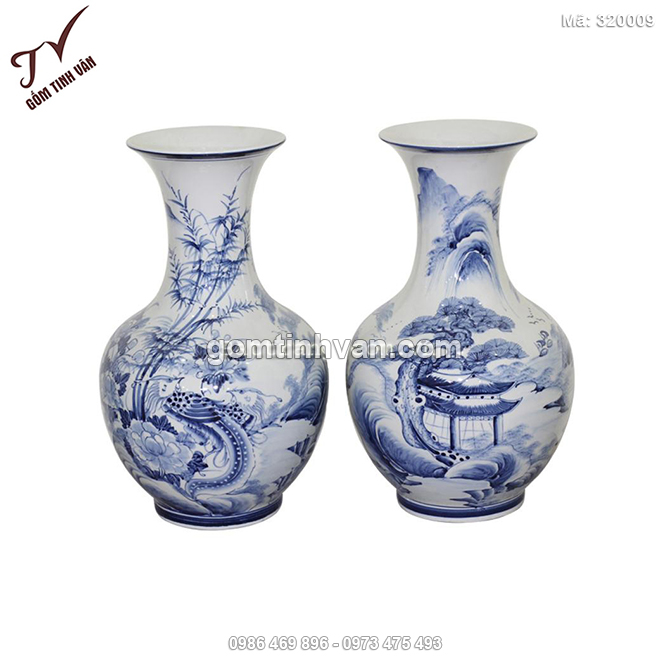Lọ độc bình dáng củ tỏi sứ cổ sơn thủy men chàm - 320009