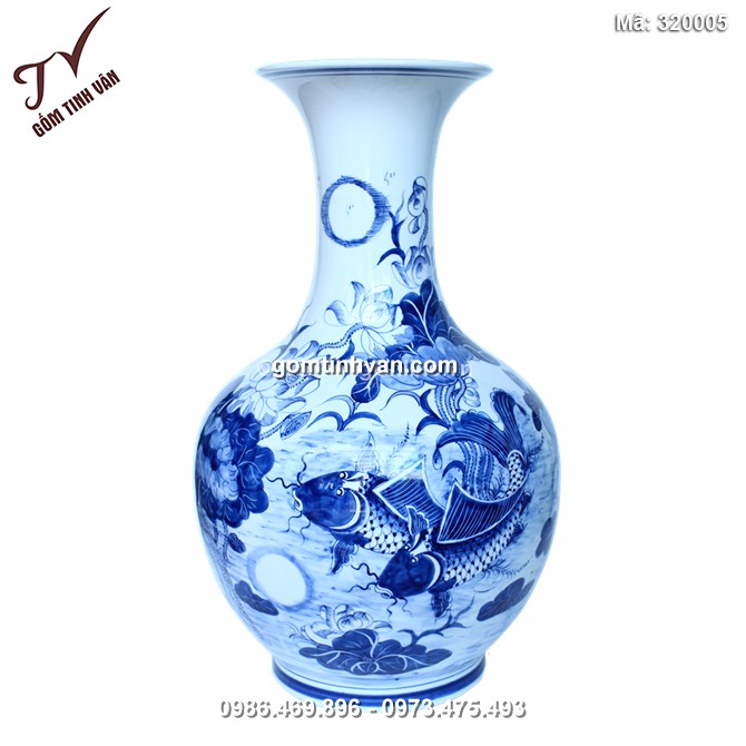 Lọ độc bình dáng củ tỏi vẽ sen cá cao 64cm rộng miệng 23cm - 320005