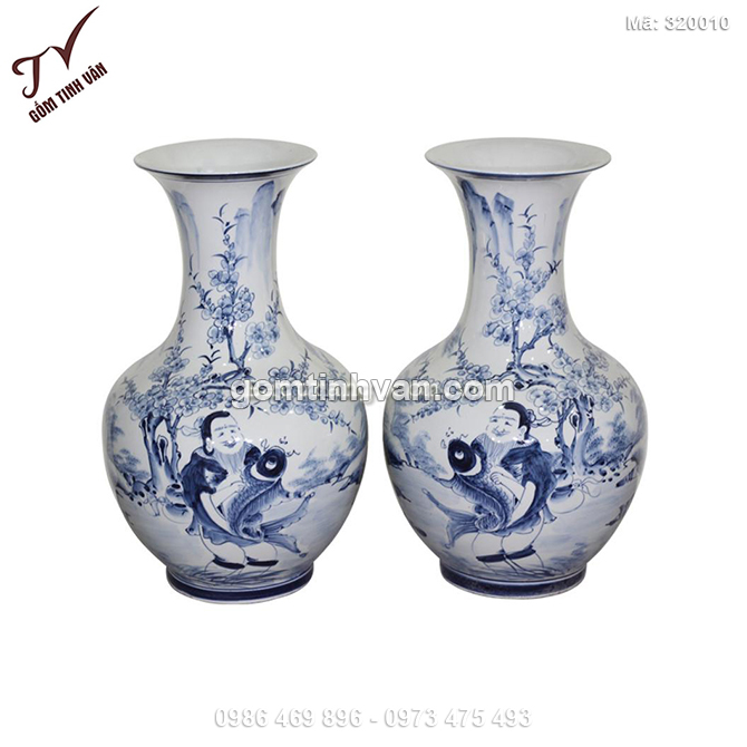 Lọ độc bình dáng củ tỏi ông vọng câu cá men chàm cổ - 320010