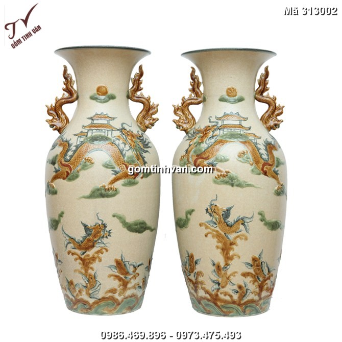 Lọ lộc bình đắp nổi cá chép vượt vũ môn-313002