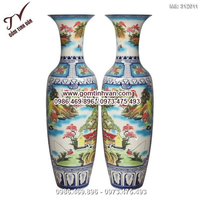 Lọ lộc bình - vẽ cảnh sơn thủy - men màu - cao 1,55m - 312011