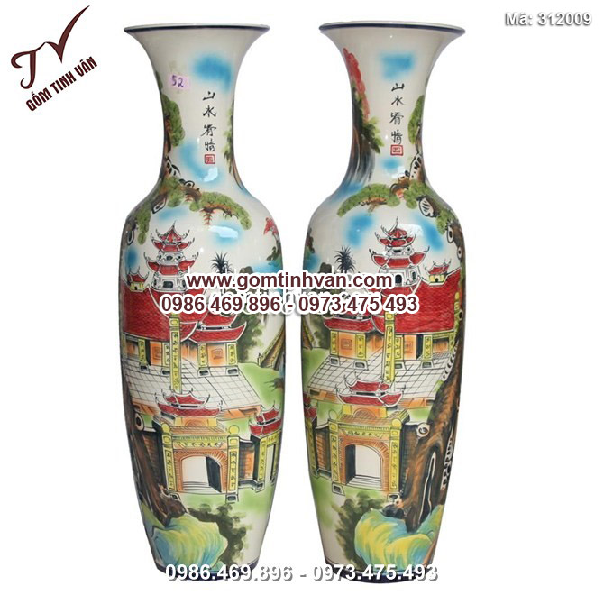 Lọ lộc bình - vẽ cảnh tùng chùa - men màu - cao 1,55m - 312009