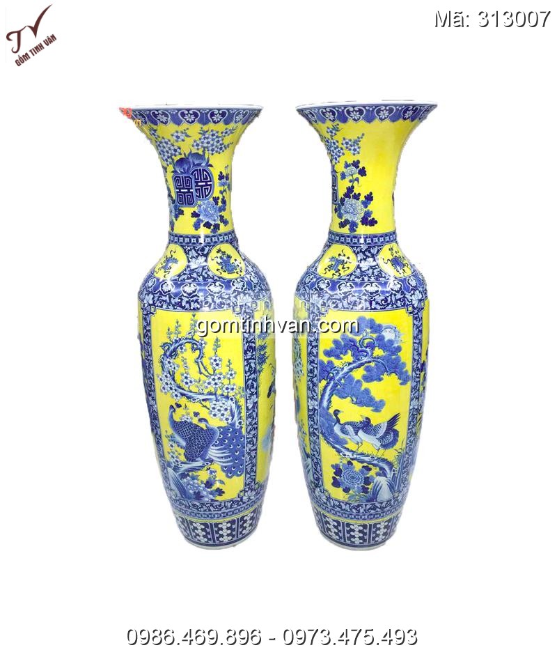 Lọ lộc bình vẽ tứ cảnh men lam cổ nền vàng - cao 1.35m - 313007