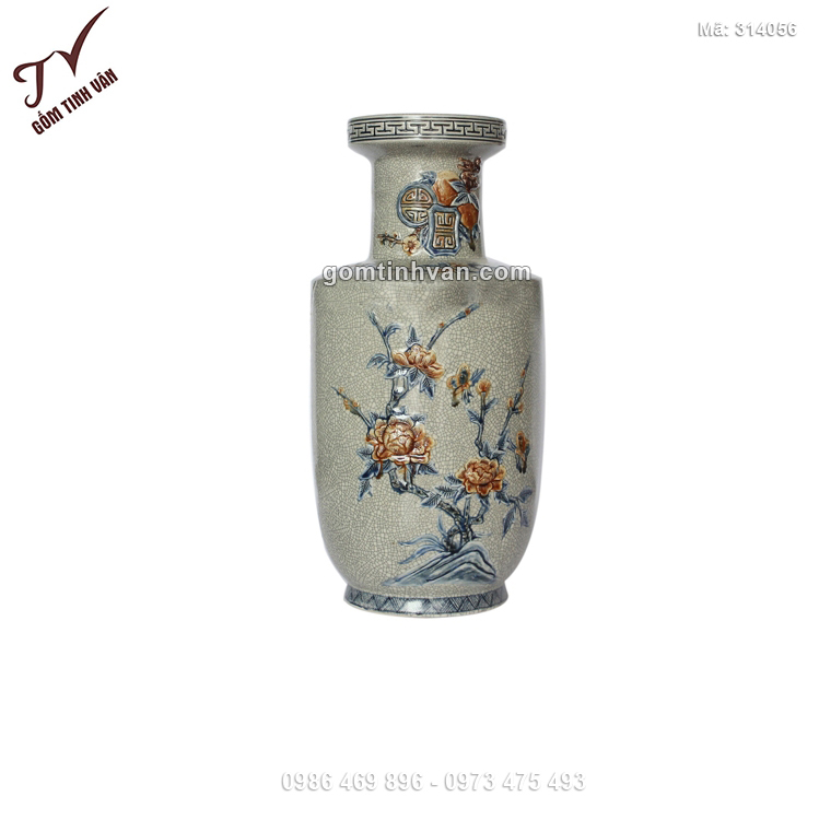 Tiểu lộc bình men rạn miệng đấu đắp nổi hoa mẫu đơn - 314056