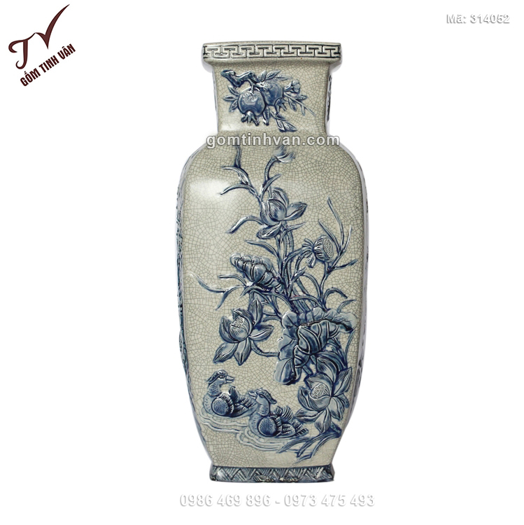 Tiểu lộc bình men rạn miệng đấu đắp nổi hoa sen xanh - 314052