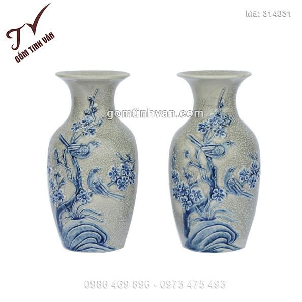 Tiểu lộc bình men rạn đắp nổi hoa đào màu xanh - 314031