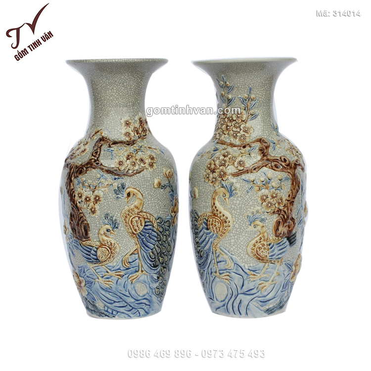 Tiểu lộc bình men rạn đắp nổi chim công cao 38cm - 314014