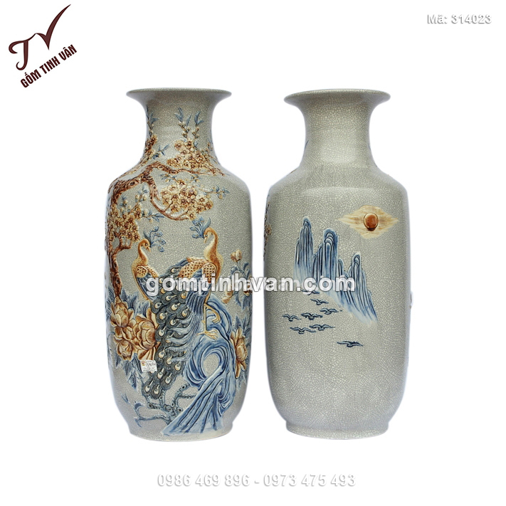 Tiểu lộc bình men rạn đắp nổi công đào cao 50cm - 314023