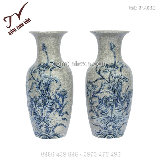 Tiểu lộc bình men rạn đắp nổi hoa sen màu xanh - 314032