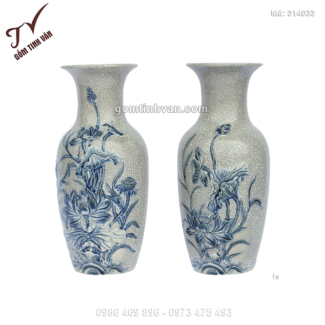 Tiểu lộc bình men rạn đắp nổi hoa sen màu xanh - 314033