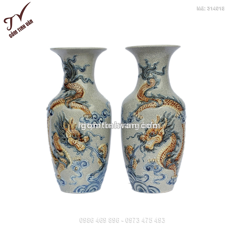Tiểu lộc bình men rạn đắp nổi long quấn thủy cao 38cm - 314018
