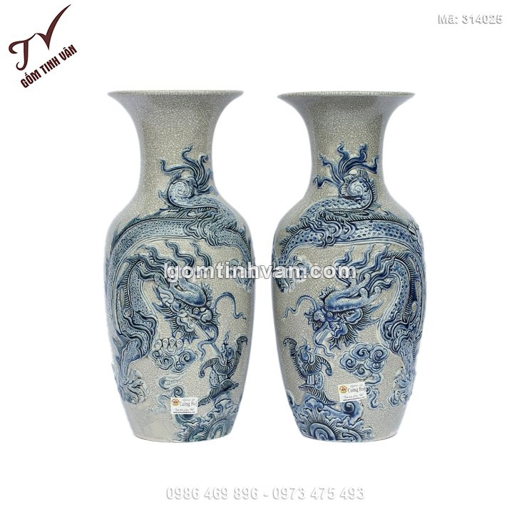 Tiểu lộc bình men rạn đắp nổi long quấn thủy màu xanh cao 36cm - 314026