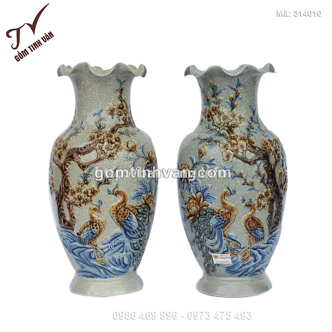 Tiểu lộc bình men rạn đắp nổi chim đào miệng loe cao 38cm - 314010