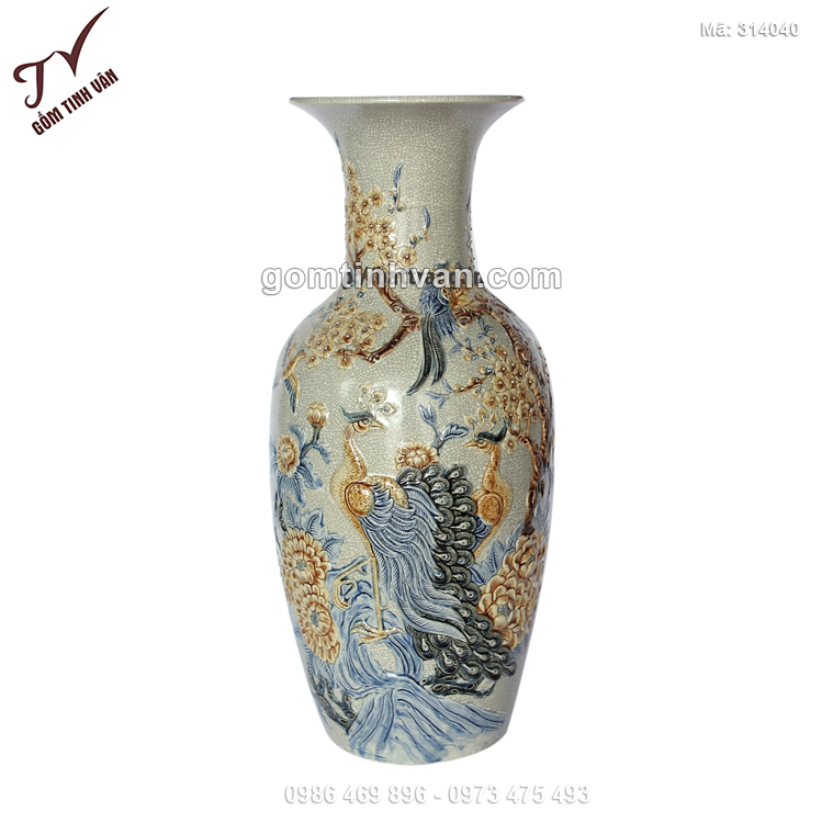Tiểu lộc bình men rạn đắp nổi hoa đào và chim công - 314040