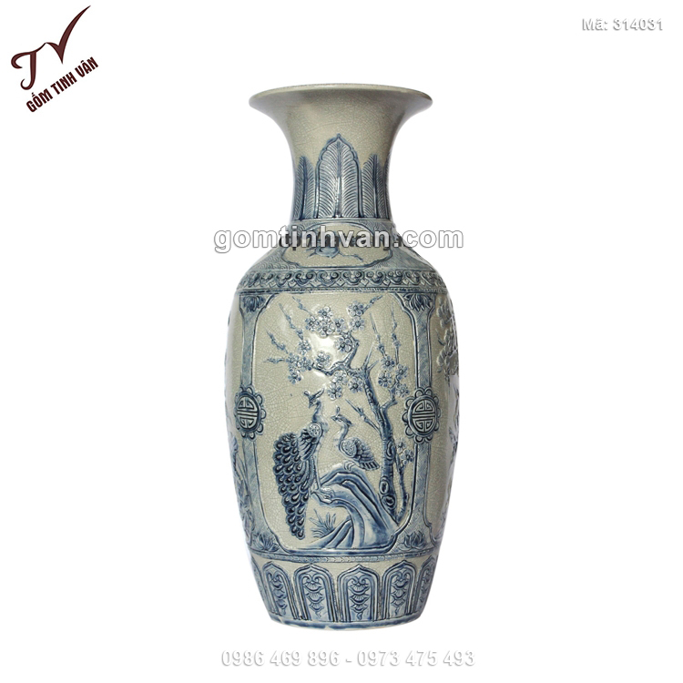 Tiểu lộc bình men rạn đắp nổi hoa đào và chim công màu xanh - 314041