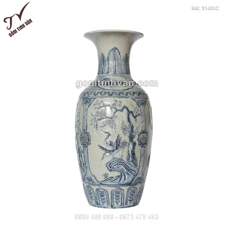 Tiểu lộc bình men rạn đắp nổi hoa đào và chim công màu xanh - 314042