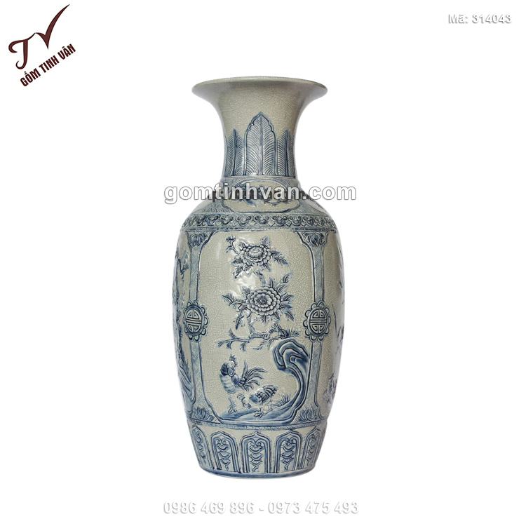 Tiểu lộc bình men rạn đắp nổi hoa và gà trống màu xanh - 314043