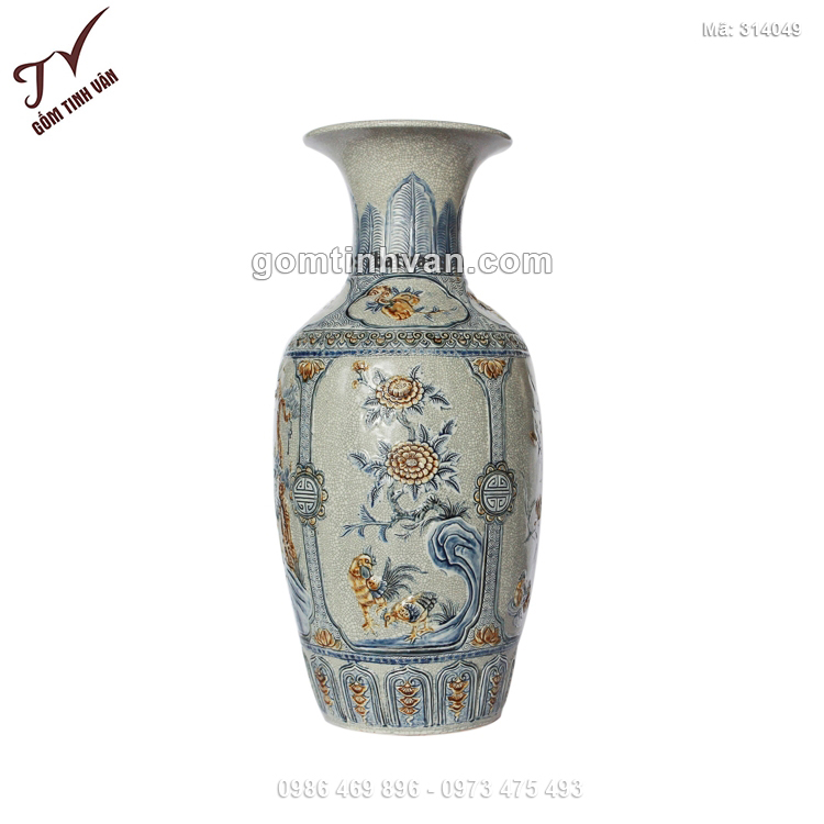 Tiểu lộc bình men rạn đắp nổi hoa và gà trống - 314049