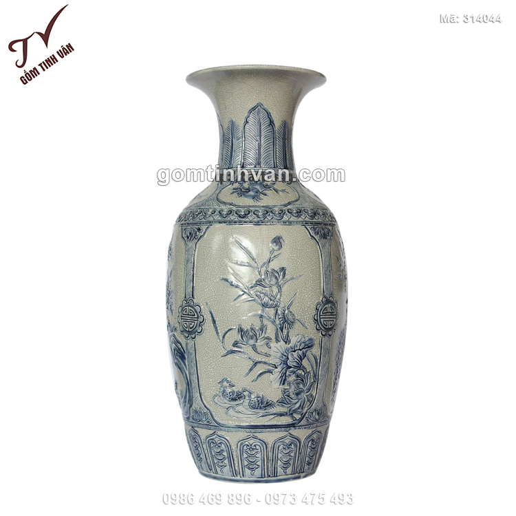 Tiểu lộc bình men rạn đắp nổi hoa sen màu xanh - 314044