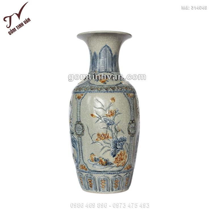 Tiểu lộc bình men rạn đắp nổi hoa sen - 314048