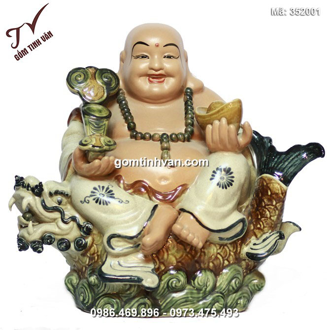 Tượng Di Lặc cưỡi cá chép hóa Rồng - men rạn cổ - cao 45 cm - 352001