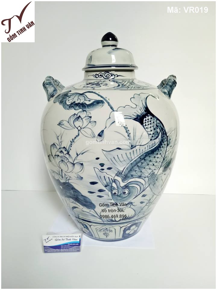 Vò rượu hoa văn vẽ cá chép 30 lít - VR019