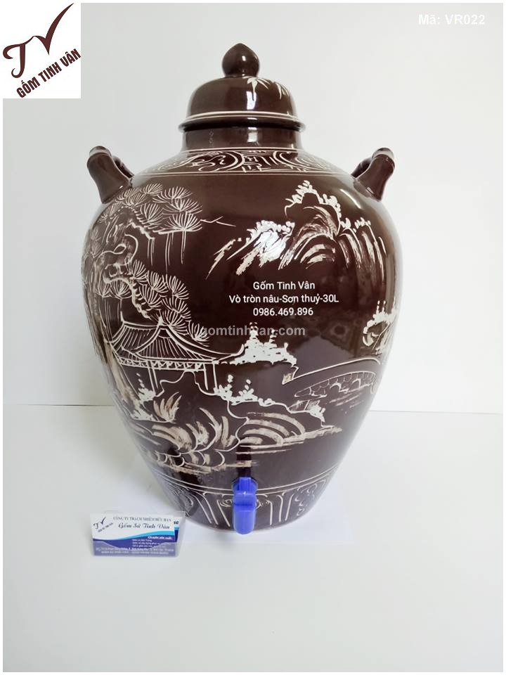 Vò rượu hoa văn vẽ sơn thủy hữu tình-men nâu-30 lít - VR022