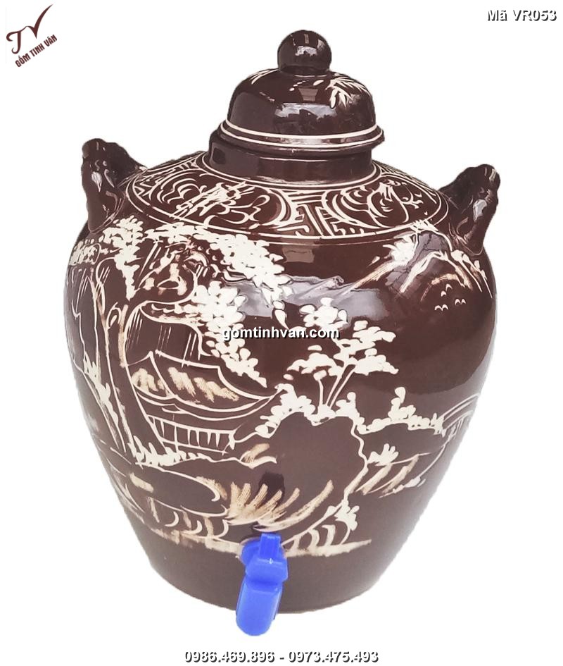 Vò rượu hoa văn vẽ sơn thũy gốm sứ bát tràng 10 lít - VR053