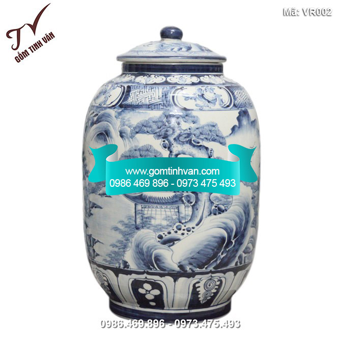 Vò rượu vẽ sơn thủy men xanh 30 lít  - VR002