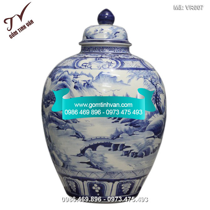 Vò rượu vẽ sơn thủy men xanh 30 lít  -  VR007